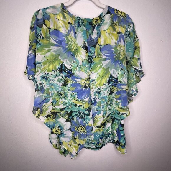 Kim Rogers Poncho Style Top Size XL Floral Vibrant Colors Asymmetrical BOHO - Picture 3 of 12